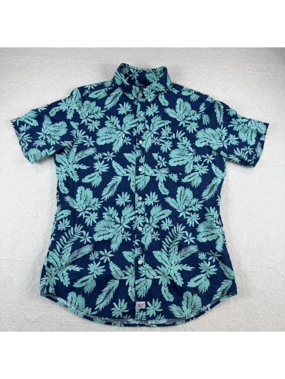 Vineyard Vines Shirt Mens Size M Blue Slim Fit Murray Hawaiian Floral Button Up